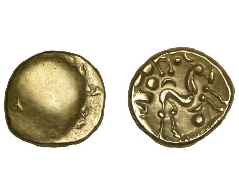 British Iron Age, GALLO-BELGIC, gold Stater, series E [Ambiani], Gallic War uniface type, shallow dome with pronounced die br