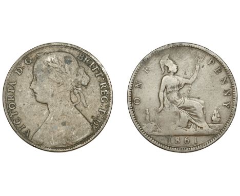Victoria (1837-1901), Penny, 1861, dies 4+F, full top leaf variant (Gouby BP 1861 E; F 24; S 3954). Fair, extremely rare £600