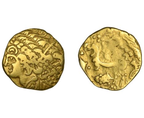 British Iron Age, GALLO-BELGIC, gold Stater, series Ab [Ambiani, VA], celticised head of Apollo left, rev. horse left, pellet