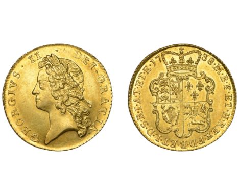 George II (1727-1760), Two Guineas, 1738, eight strings to harp (EGC 569; S 3667B). Lustrous with strong eye appeal, extremel