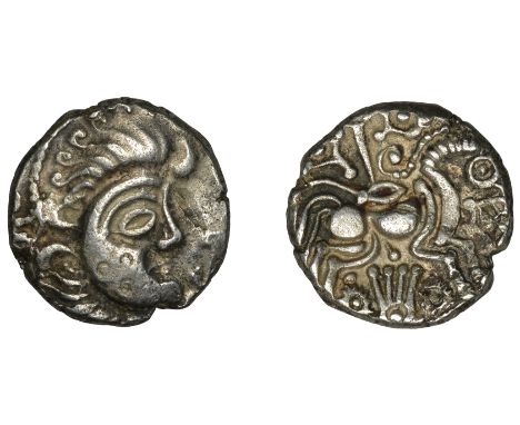 British Iron Age, ARMORICA, Abrincatui, silver Stater, c. 70-60 BC, head with crescent-moon shaped face right, ‘tattoo’ of th