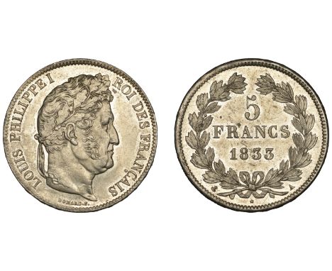 France, Louis Philippe, 5 Francs, 1833a, mm. star and anchor, Paris (KM 749.1). Some light hairlines, otherwise lustrous, ext
