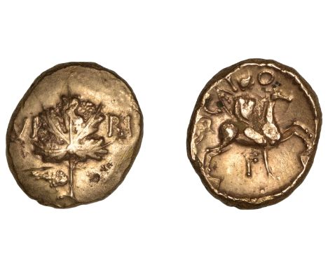 British Iron Age, ATREBATES and REGNI, Verica (AD 10-40), gold Stater, class 5c [Leaping Horse type], vine leaf dividing viri