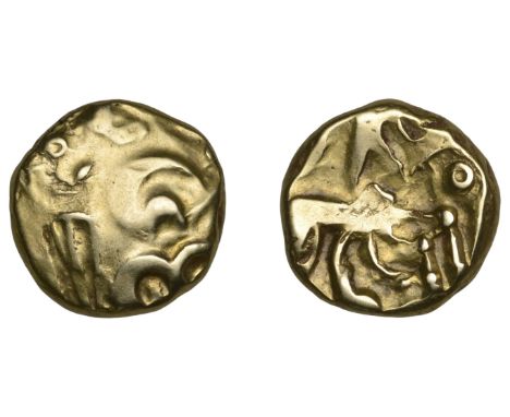 British Iron Age, GALLO-BELGIC, Nervii, gold Stater, c. 100-57 BC, Class II/III, ‘Epsilon’ type, degraded stylised head right