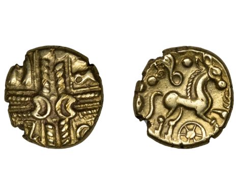 British Iron Age, CATUVELLAUNI, Early Uninscribed issues, gold Stater, British L [Whaddon Chase type], wreath and crescent pa