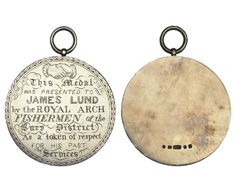 LANCASHIRE, Royal Arch Fishermen of the Bury District, a uniface engraved silver award medal by G. Unite, clasped hands above