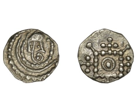 Early Anglo-Saxon Period, Sceatta, Secondary series K/R mule, type 86b, coiled serpent looking right, extended tongue between