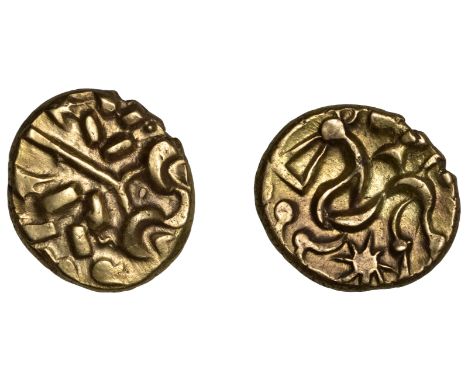 British Iron Age, CORIELTAUVI, Early Uninscribed series, gold Stater, South Ferriby type, wreath pattern, incorporating hooke