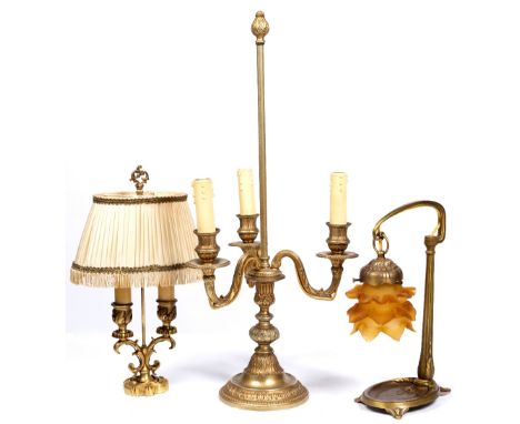A gilt and glass desk lamp Art Nouveau style 32cm and two other gilt lamps