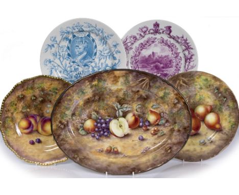 A Royal Worcester cabinet plate painted with fruit, by T Nutt, 27cm, two Royal Worcester commemorative plates and two other f