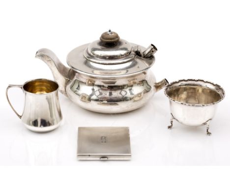 A silver teapot a christening mug, a silver cigarette case and a silver bowl