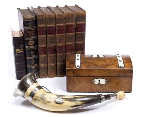 A horn bugle circa 1900 a walnut box and a few leather bound books