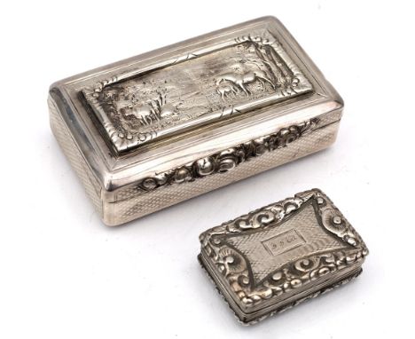 A silver snuff box the cover with pastoral scene and gilt interior, London 1825, maker I J, and an early 19th Century silver 