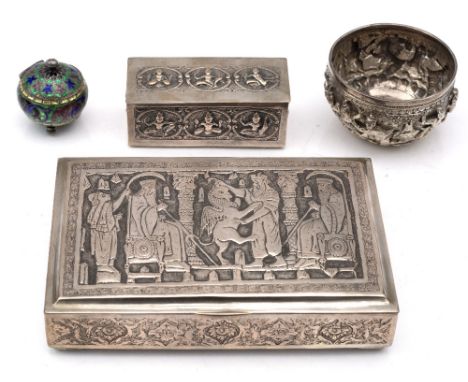 A small Burmese white metal bowl 6.5cm, an enamel miniature censer and two other white metal boxes
