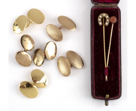 A pair of 9ct gold cufflinks 9 grams, together with various other cufflinks and Victorian stick pins