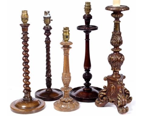 A giltwood triform lamp base 45cm and four other wood lamp bases