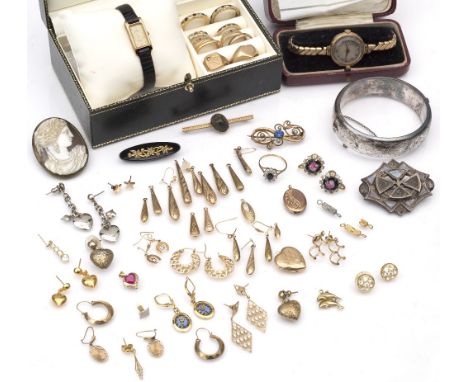 A collection of assorted jewellery and wristwatches comprising a 9ct gold cased wristwatch by Sovereign, another watch, five 