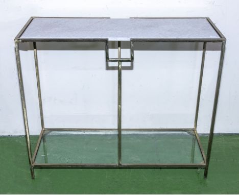 A marble topped brass framed console table