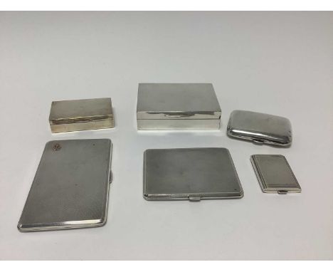 Silver cigarette box, three silver cigarette cases, silver match case and a silver jewel box (6)