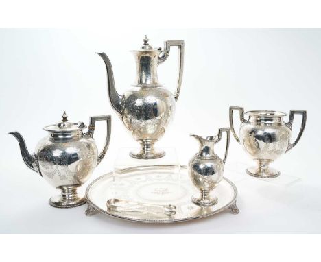 Victorian four-piece silver tea set, comprising teapot of compressed baluster form, with engraved floral and foliate decorati