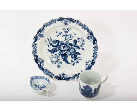 Lowestoft blue and white leaf pickle dish or asparagus butter dish, circa 1780, decorated to the well with a Chinese landscap