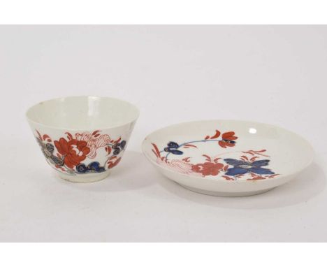 Bow tea bowl and saucer, circa 1755, painted in the Imari style, the saucer 11.25cm diameterSome enamel wear, some small chip