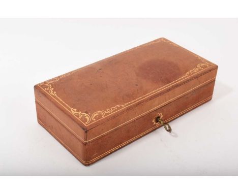 Italian tooled leather jewellery box with velvet interior and key, 21cm x 10cm x 5.5cm