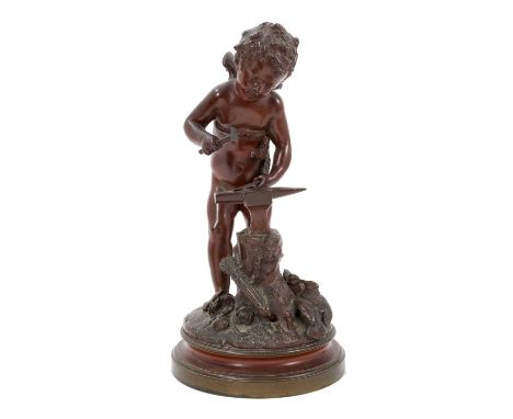 Jean Jules Salmson (1823-1903), bronze figure of Cupid, forging his arrows, signed SALMSON, raised on plinth base, total heig