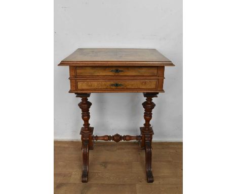 19th century walnut work table, with quarter veneered top and two frieze drawers on turned ends and splayed cabriole legs, 58