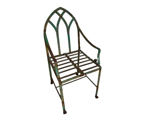 Antique Gothic wrought iron garden chair, green painted with arched backStructurally sound, flaking paintwork and rust buts j