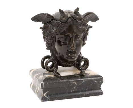 Bronze Medusa head inkwell, with hinged cover, on snake supports and marble base, 15cm highA few very slight nibbles to marbl