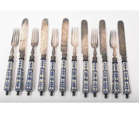 Antique six place setting fruit cutlery with Continental blue and white pottery handlesIn good condition with just a couple o