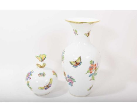 Herend vase and a scent bottle and stopper, decorated with flowers and butterflies, 14cm and 25cm high