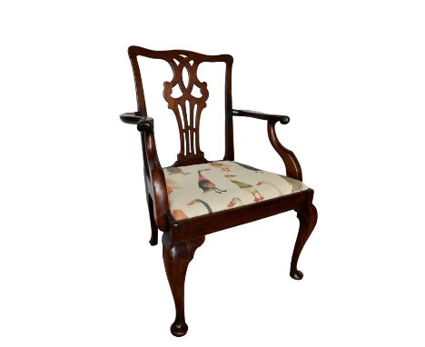 Mid 18th century mahogany open armchair, with pierced vase shaped splat, with slip in seat on cabriole legs and pad feet