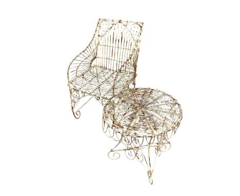 Gothic wirework chair of square form with tracery back, and a similar side table 