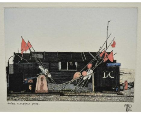 Anthony Dawson, (Contemporary), signed limited edition hand coloured etching - Aldeburgh Shore, 40/80, dated '96, 11.5cm x 14
