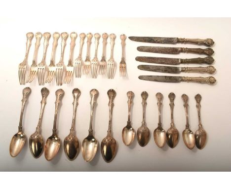 Six place setting of William IV silver 'Victoria' pattern flatware and cutlery, comprising six table forks, six dessert forks