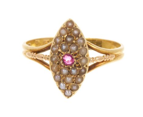 Victorian 15ct gold ruby and seed pearl marquise shape cluster ring with a a central ruby and pavé set seed pearls with pierc