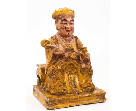 18th / 19th century Chinese seated deity gilt wooded figure, raised on plinth base, 32cm high