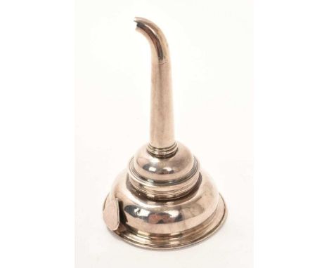 George III silver wine funnel of conventional form, with beaded and reeded decoration, suspension hook, pierced grille and de