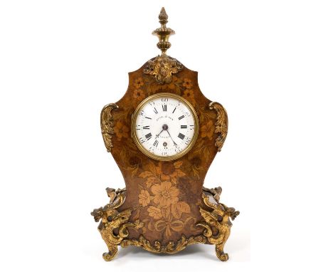 Good quality Mid 19th century marquetry inlaid mantel clock by Bell &amp; Son. London with white enamel dial, single fusee mo