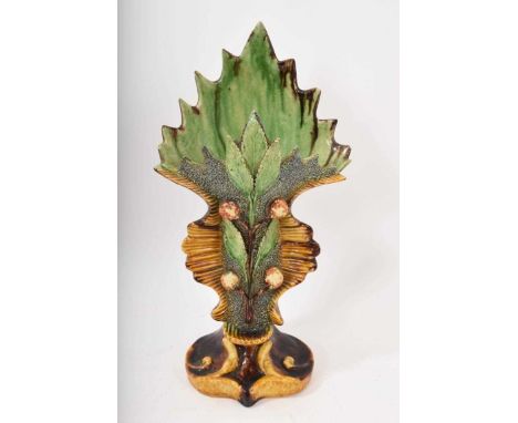 Portuguese majolica Palissy ware vase - impressed A.J.F. Caldas, decorated with foliage and shell motifs, 31.5cm high