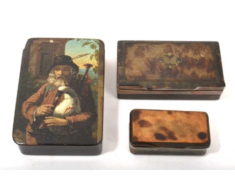 19th century papier mâché snuff box by Stobwasser, painted with a bagpiper, inscribed within, printed mark and numbered 7728,