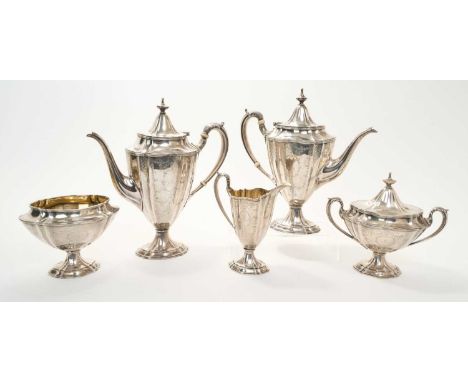 Early 20th century American "Gorham" sterling silver five piece tea and coffee set, comprising teapot of urn form, with engra