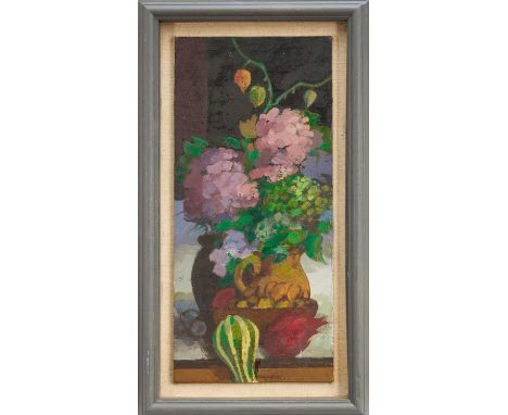 *Henry Collins (1910-1994) oil on canvas board - Still life of Fruit, Vegetables and Flowers, signed, 58cm x 27cm, in painted