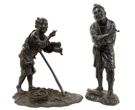 Pair of Japanese Meiji period bronze figures, each depicting labourers resting, both signed, the tallest 49cm highBoth in goo