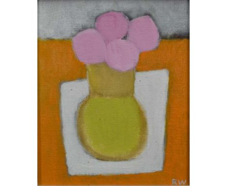 Rachel Windham (1916-2005) oil on board - Pink Flowers in a Yellow Vase, signed, 30cm x 25cm, framed