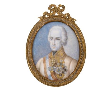 Portrait miniature on ivory, probably depicting Emporer Francis I of Austria, gilt metal frame with ribbon cresting, 9 x 6.5c