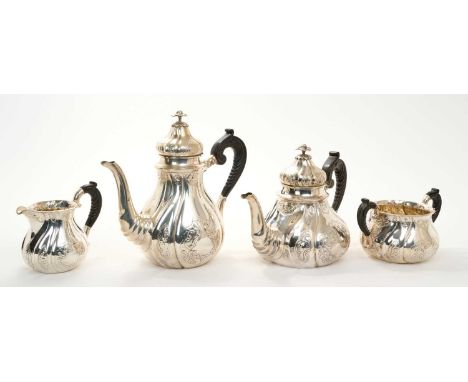 1920s Danish silver four piece tea set, comprising teapot of baluster form, with fluted panels and embossed scroll decoration