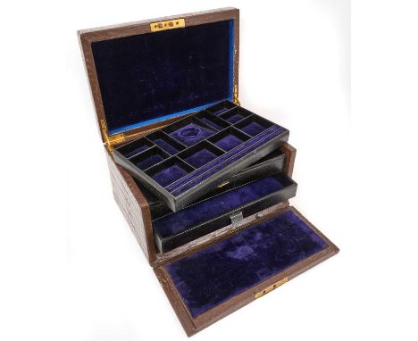 Large Victorian painted brown crocodile leather jewellery box with blue velvet lined fitted interior, 36cm x 24cm 20cm